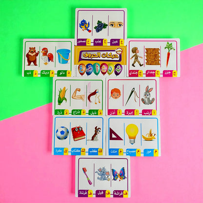 Educational cards with images and text on a pink and green background