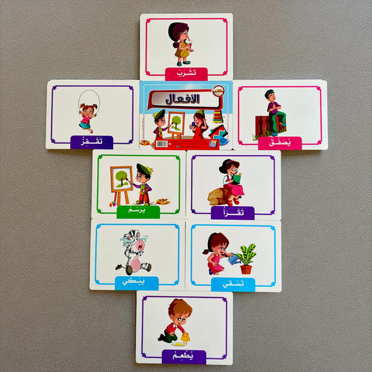 Set of educational cards with illustrations and text on a gray background